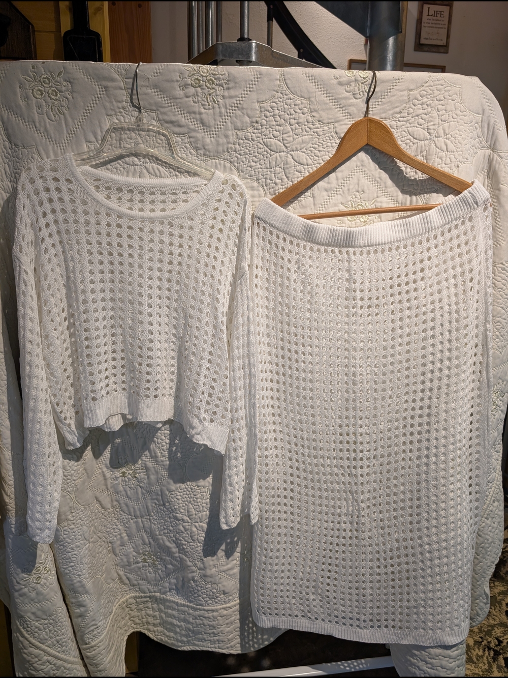 SHEIN White Open-Knit Crewneck Sweater & Scoop-Neck Skirt Set